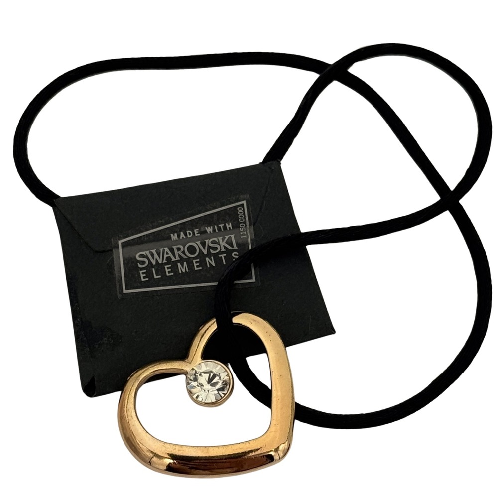Swarovski Crystal Elements Necklace Floating‎ Gold Open Heart Black Cord